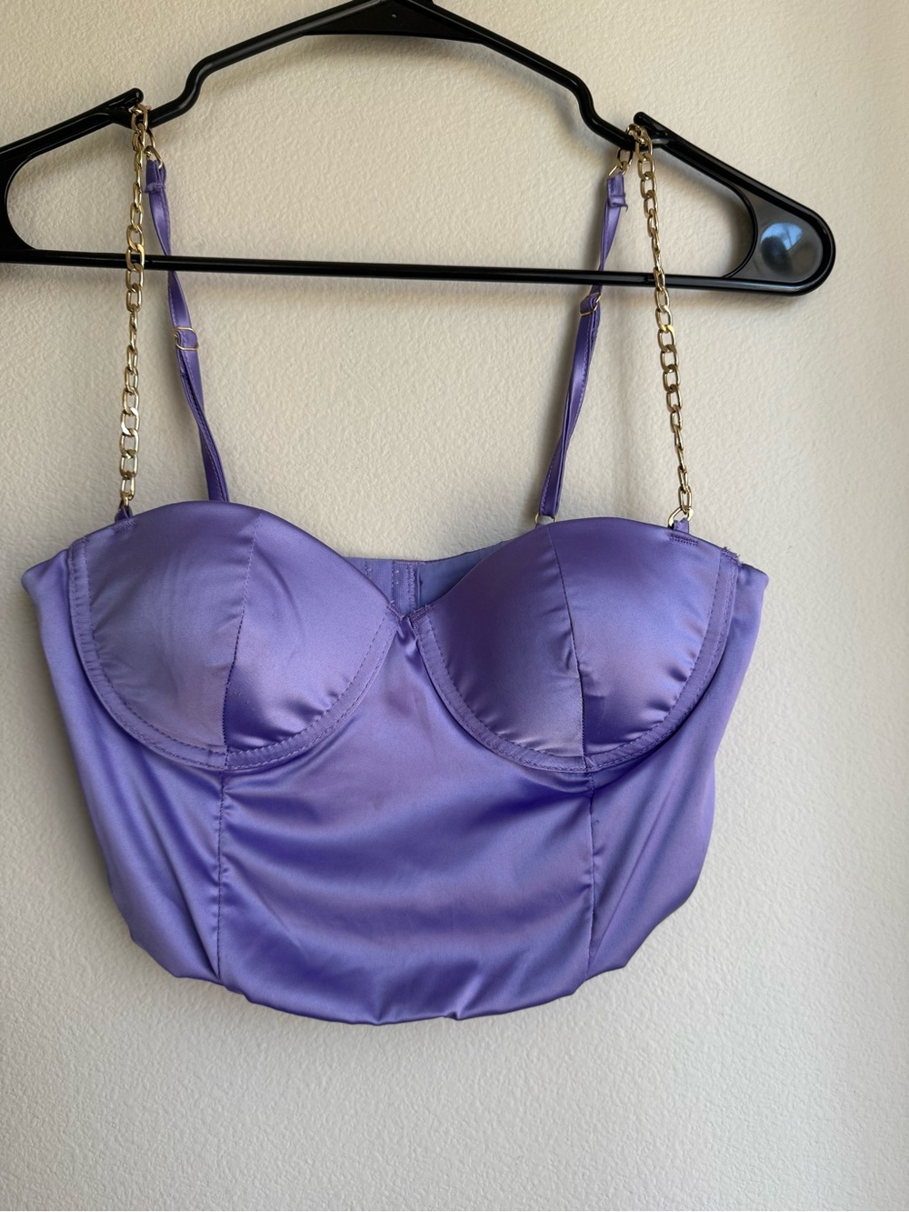 Fashion Nova Lilac Satin Bustier with Gold Chain Straps